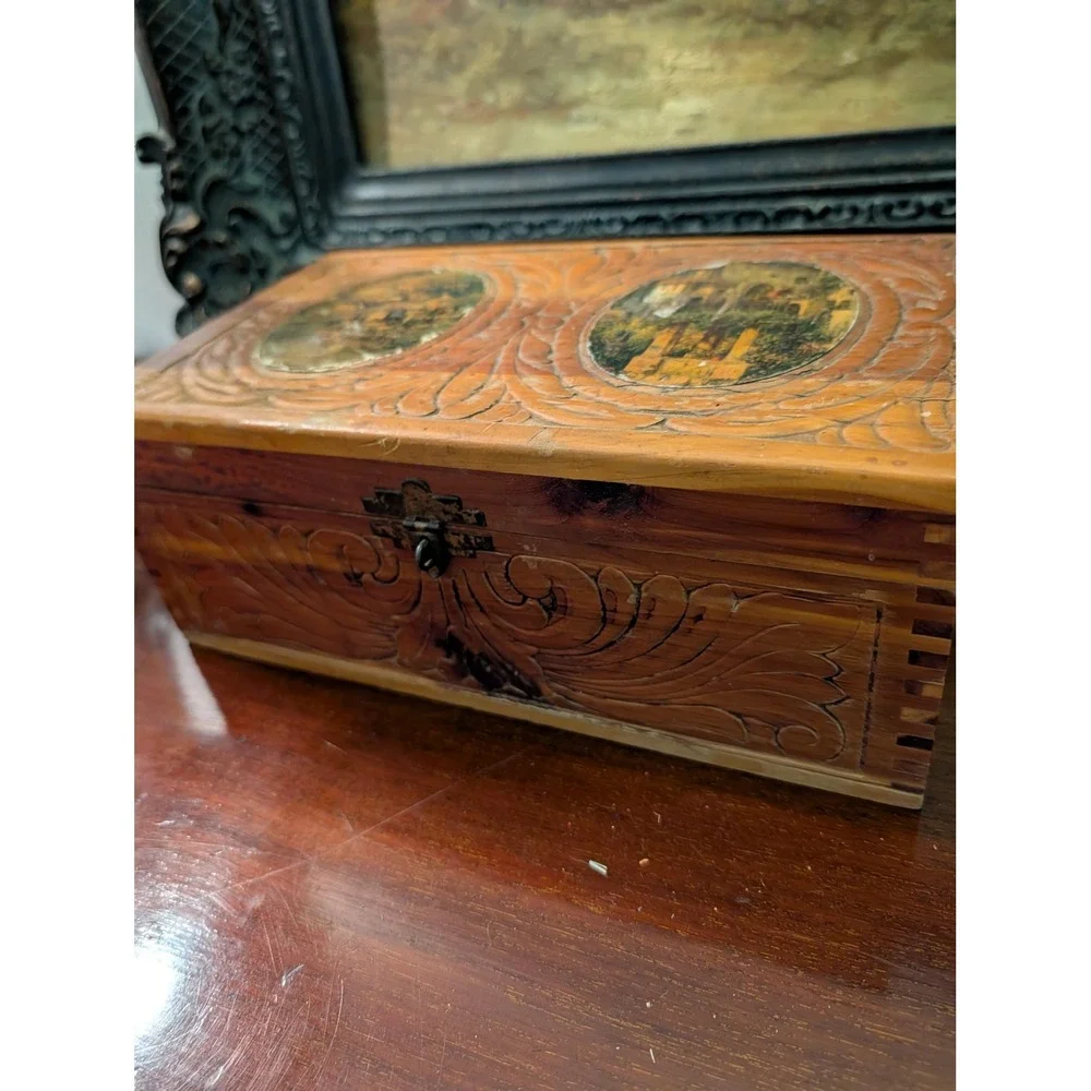 Vintage Cedar Carved Wooden Jewelry Box Decoupage Landscape Mirror Dovetail